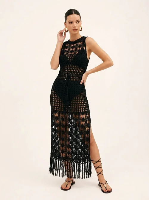 Crochet Knit Maxi Beach Cover-Up Dress with Fringe Slits