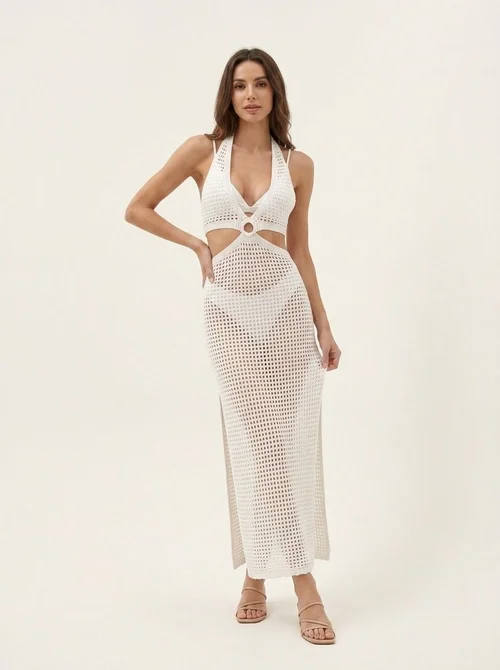 Chic Crochet Cutout Halter Maxi Dress Beach Cover-Up