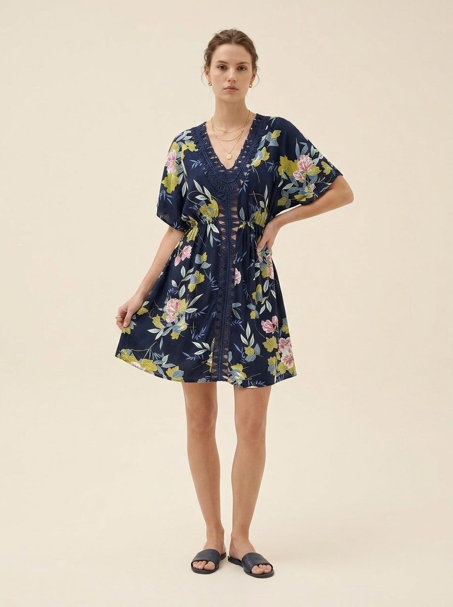 Women's Floral V-Neck Beach Dress with Crochet Trim