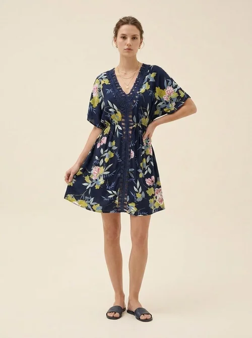 Women's Floral V-Neck Beach Dress with Crochet Trim