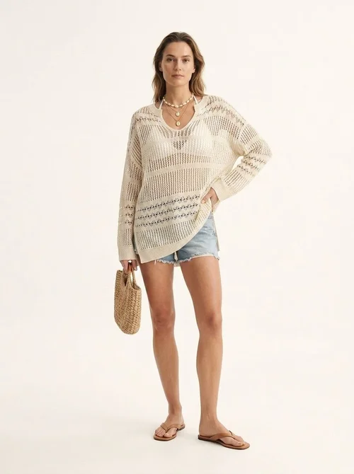 Women's Crochet Knit Beach Cover Up V-Neck Sweater Top