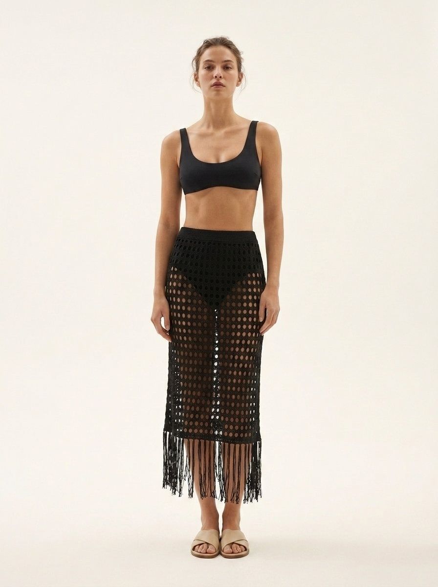 Women's Crochet Knit Beach Cover-Up Skirt with Fringe Slit