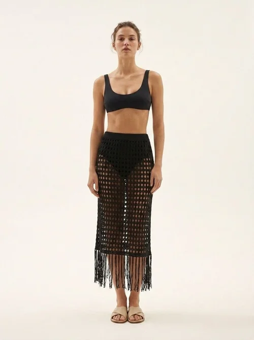 Women's Crochet Knit Beach Cover-Up Skirt with Fringe Slit