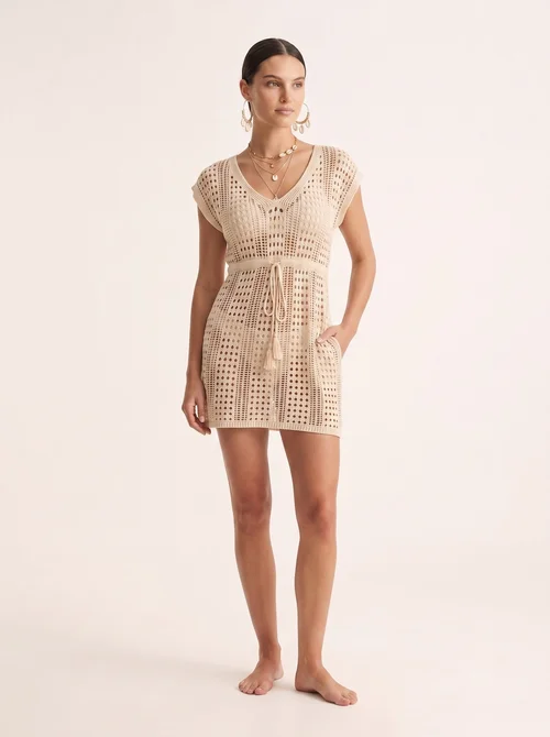 Crochet Knit Beach Cover Up Dress V-Neck Short Sleeve Swimwear