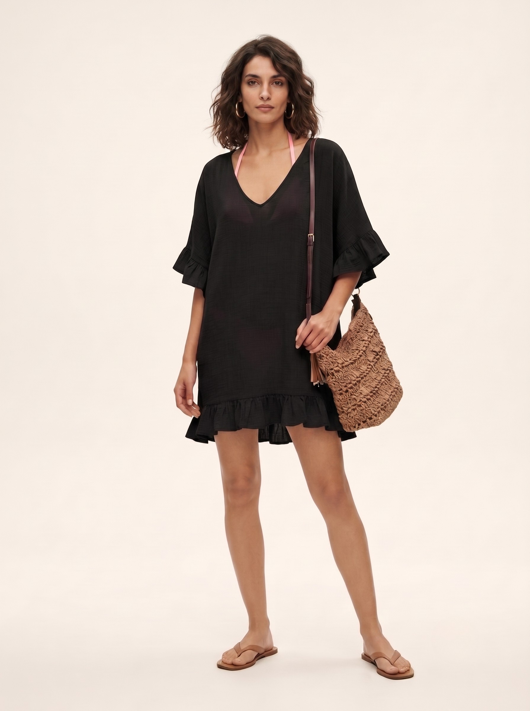 Ruffled V-Neck Beach Cover-Up Tunic - Crinkle Fabric