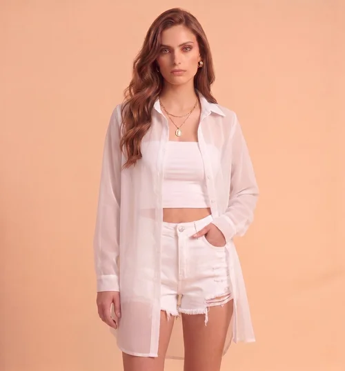 Sheer Button-Up Beach Cover-Up Shirt for Women