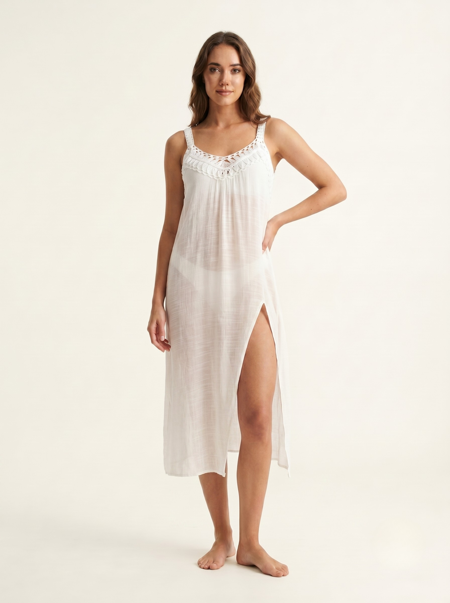 White Crochet V-Neck Beach Cover-Up Dress with Slit