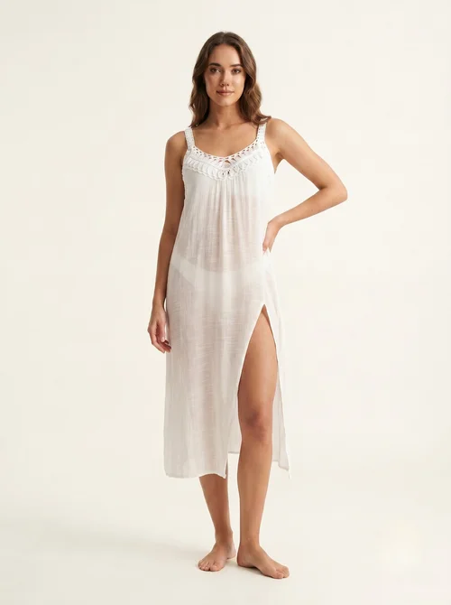 White Crochet V-Neck Beach Cover-Up Dress with Slit