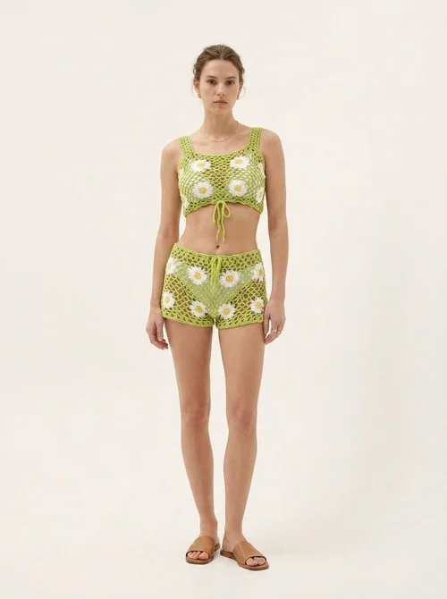 Crochet Daisy Knit Crop Top & Shorts Set - Beach Two Piece