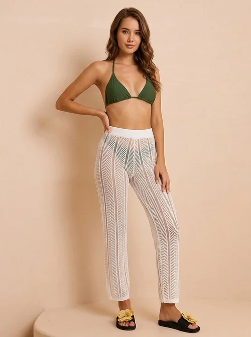 Women's Crochet Knit Beach Cover Up Pants - Sheer Wide Leg