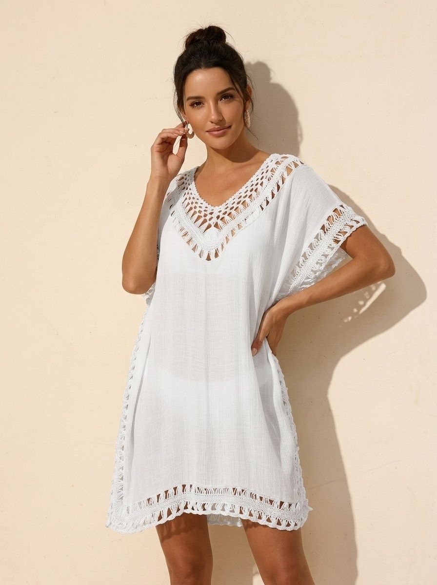 Women's Crochet V-Neck Beach Cover Up Tunic Dress
