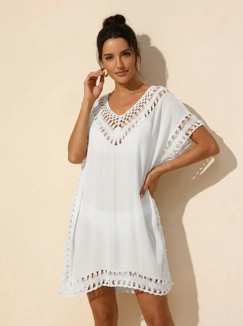 Women's Crochet V-Neck Beach Cover Up Tunic Dress