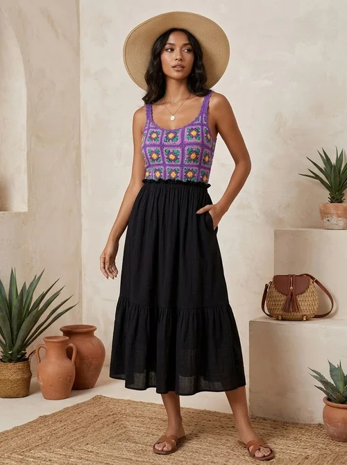 Boho Crochet Patchwork Midi Dress - Summer Style