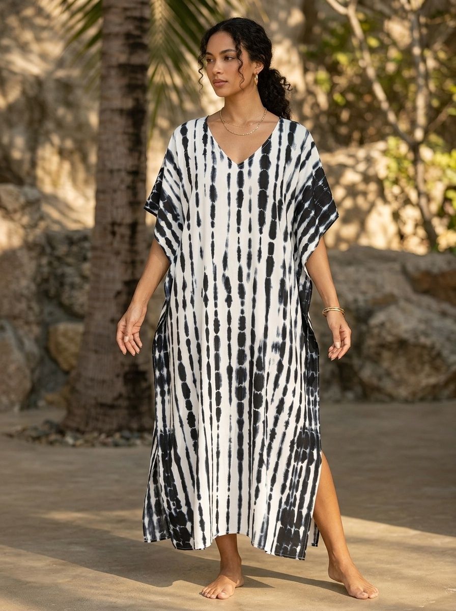Tie-Dye V-Neck Kaftan Beach Cover-Up Maxi Dress