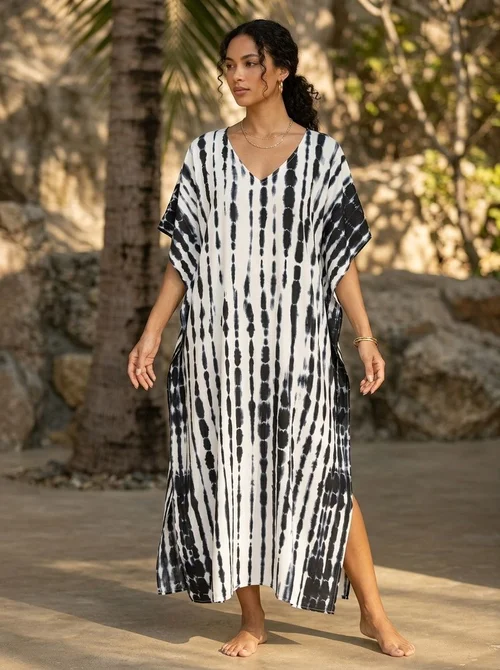 Tie-Dye V-Neck Kaftan Beach Cover-Up Maxi Dress