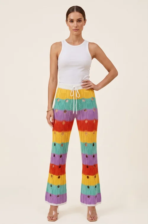 Rainbow Crochet Knit Beach Pants - Striped Wide Leg Cover-Up