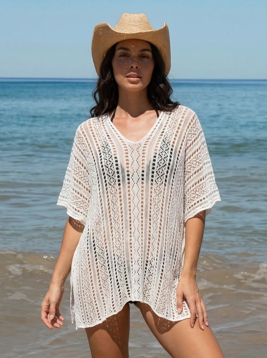 Women's Crochet Knit Beach Cover Up Tunic V-Neck Swimwear