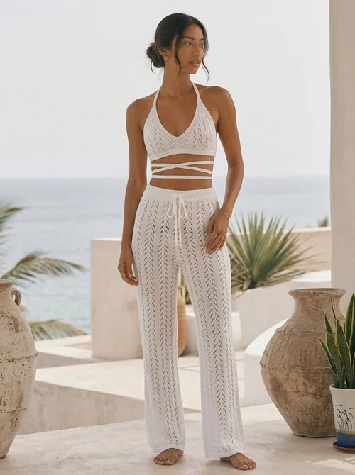 Crochet Knit Halter Top & Wide Leg Pants Beach Set