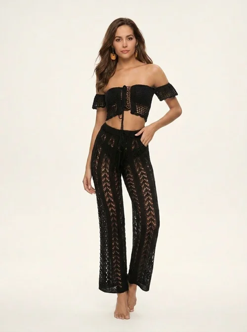 Women's Crochet Knit Beach Pants Sheer Wide Leg Cover-Up