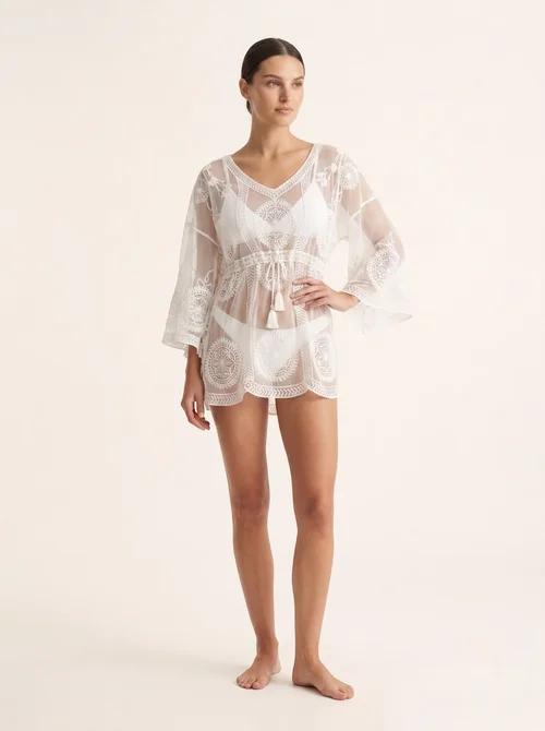 Elegant White Lace Crochet Beach Cover Up Kaftan Dress