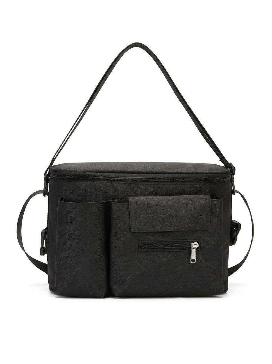 Borsa organizer universale per passeggino con tracolla removibile, portabicchieri termici e numerose tasche per riporre gli accessori essenziali del bambino.