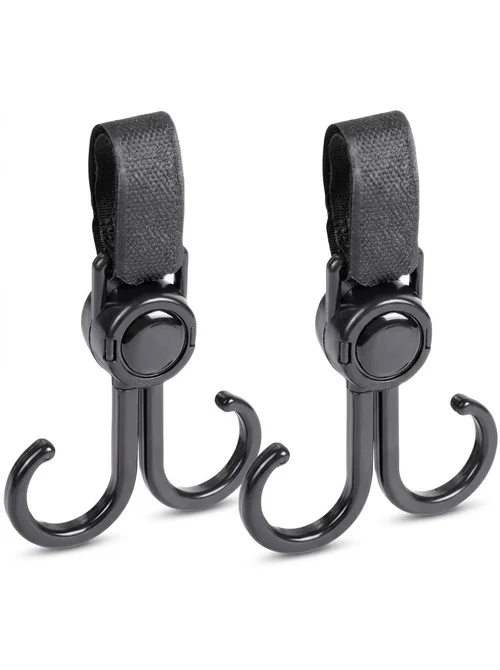 Ganci universali per passeggino, clip girevoli a 360° resistenti con cinghie di fissaggio regolabili per borse per pannolini e spesa.