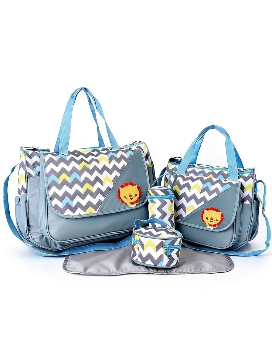 Set di 5 pezzi con borsa fasciatoio per neonati a tema animali dei cartoni animati, borsa premaman multi-tasche con fasciatoio, borsa per biberon e marsupio.