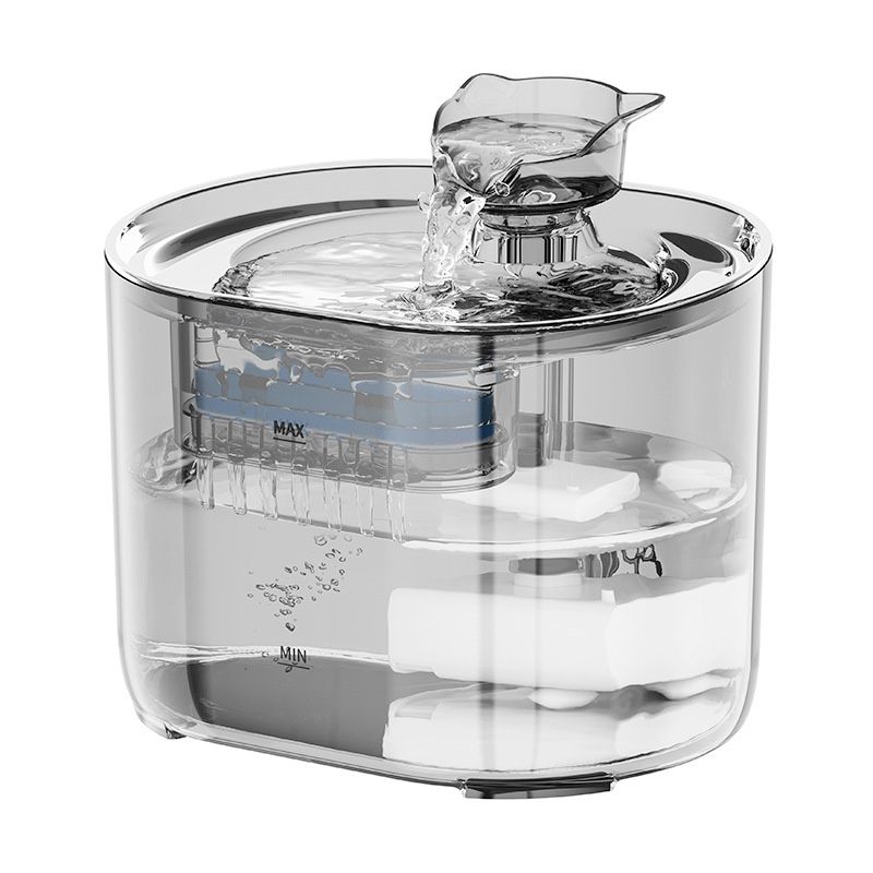 Automatic Pet Water Fountain for Cats & Small Dogs - 2.2L - Model#FT666 Transparent Grey - Water Outlet - Cat Head Design