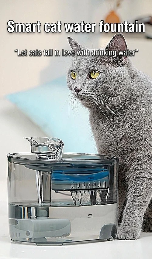 Automatic Pet Water Fountain for Cats & Small Dogs - 2.2L - Model#FT666 Transparent Grey - Normal Water Outlet