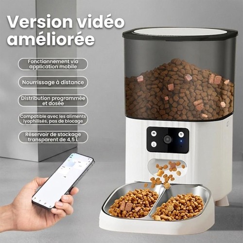 Distributeur automatique de croquettes intelligent WiFi pour chats et chiens - 4,5 L - Version avec caméra