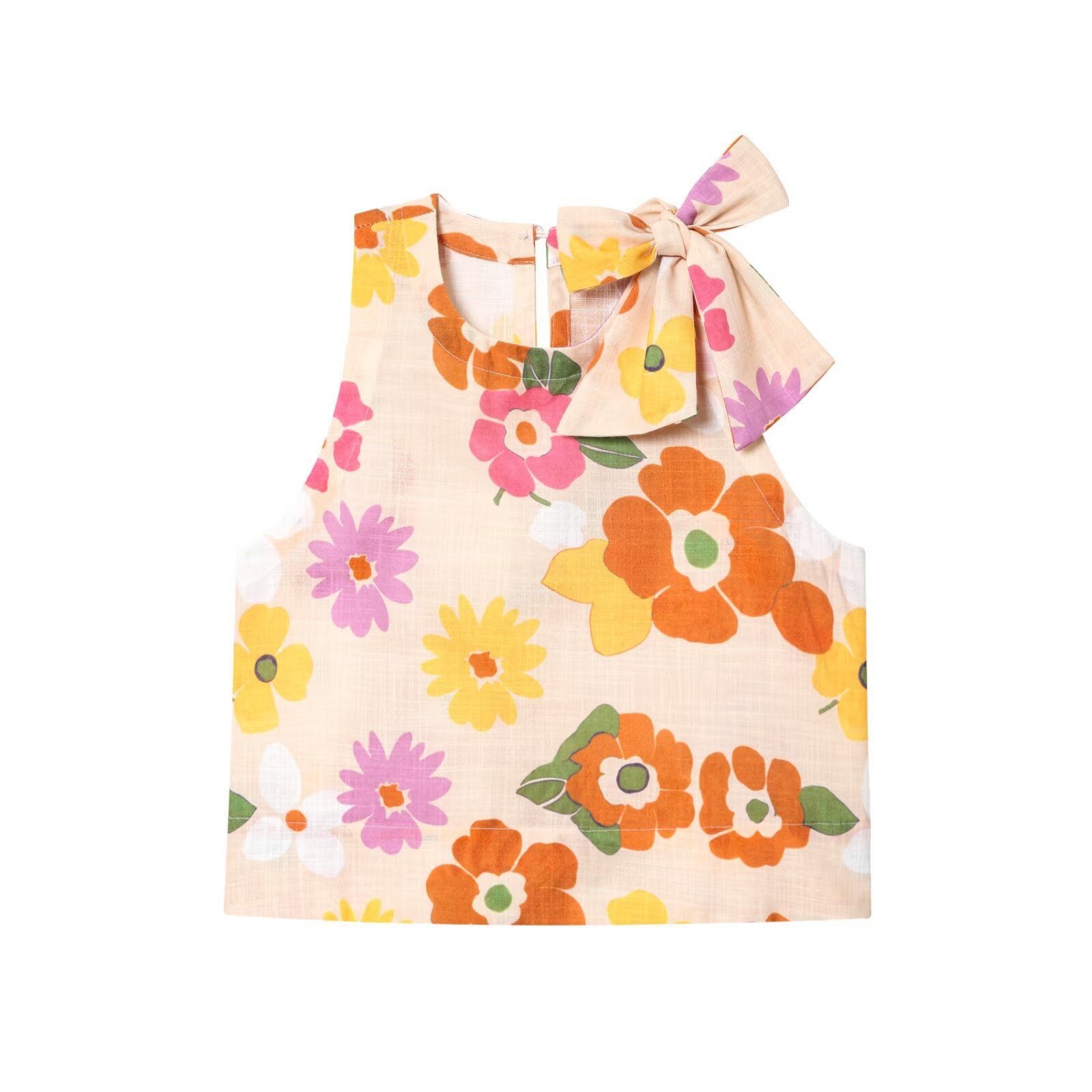 Top de lino sin mangas con cuello anudado y estampado de mariposas KUN-00042