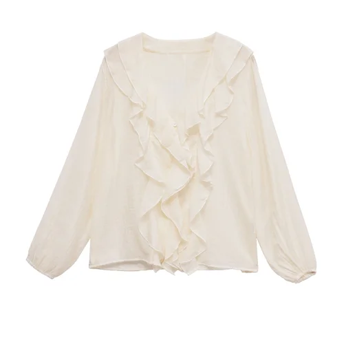 Camicetta da donna a maniche lunghe con scollo a V e strati KUN-00092