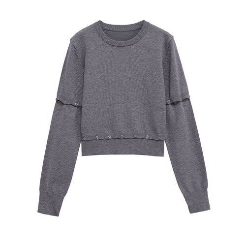Knit Top Button Detail Detachable Long Sleeve KUN-00055