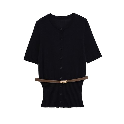 Knit Cardigan with Belt - Stylish Short Sleeve Women's Top KUN-00073