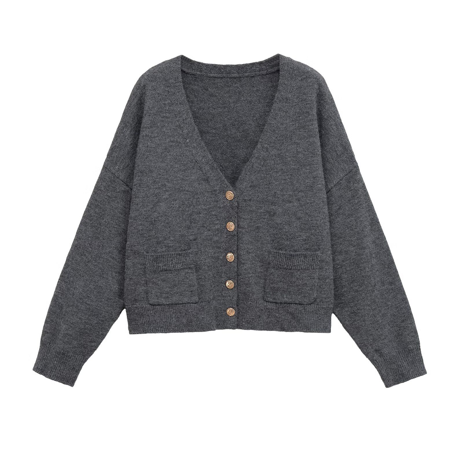 Wool V-Neck Knit Top with Gold Buttons KUN-00015