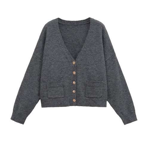 Top de punto de lana con cuello en V y botones dorados KUN-00015