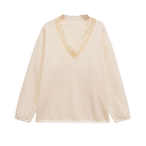 Wool Blend Lace Knit Top Slim Fit Elegant KUN-00111