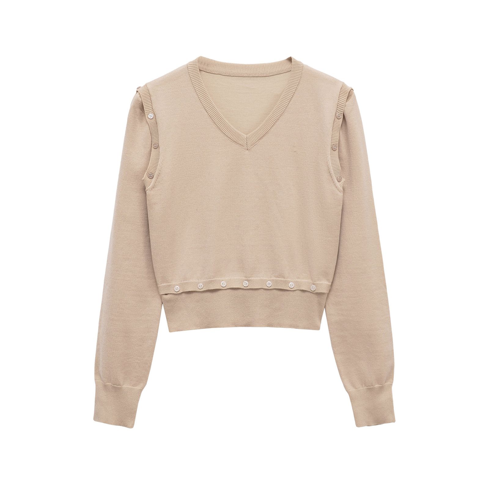Top de punto con escote en V desmontable y manga larga con botones decorativos KUN-00112