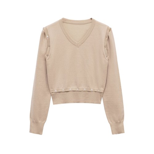 Knit Top Detachable V-Neck Long Sleeve Button Decor KUN-00112