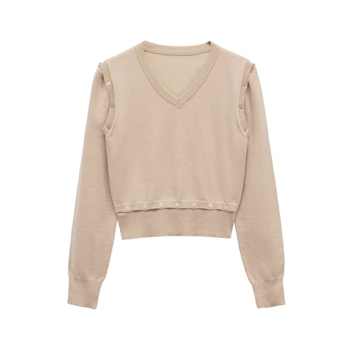 Top de punto con escote en V desmontable y manga larga con botones decorativos KUN-00112