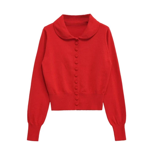 Fitted Knit Top Peter Pan Collar Long Sleeve KUN-00045