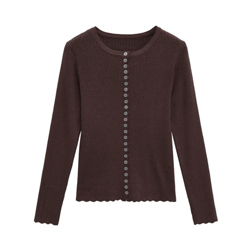 Ribbed Knit Top Long Sleeve Button Crewneck Sweater KUN-00057