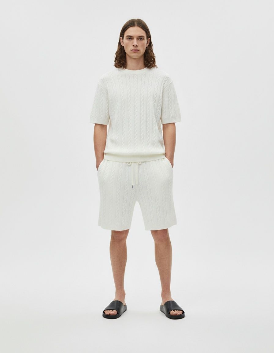 Conjunto informal de verano con top de manga corta y pantalones cortos holgados de punto con cuello redondo