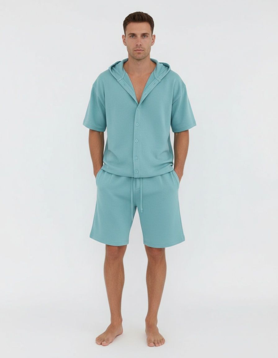 Conjunto de dos piezas de camisa con capucha y pantalones cortos: moda informal transpirable para primavera y verano.