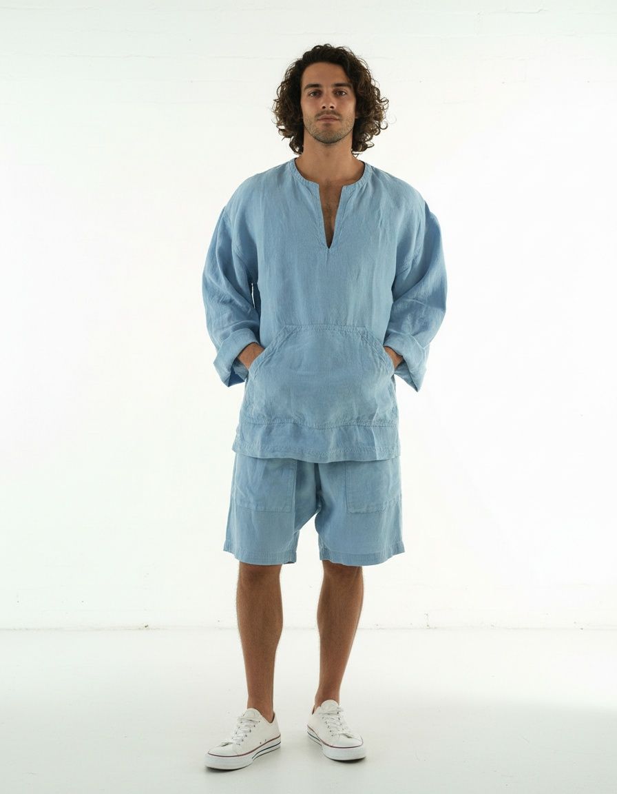 Lässiges Sport-Set aus Baumwollmischgewebe mit V-Ausschnitt, bestehend aus lockeren Shorts und atmungsaktivem Langarmshirt