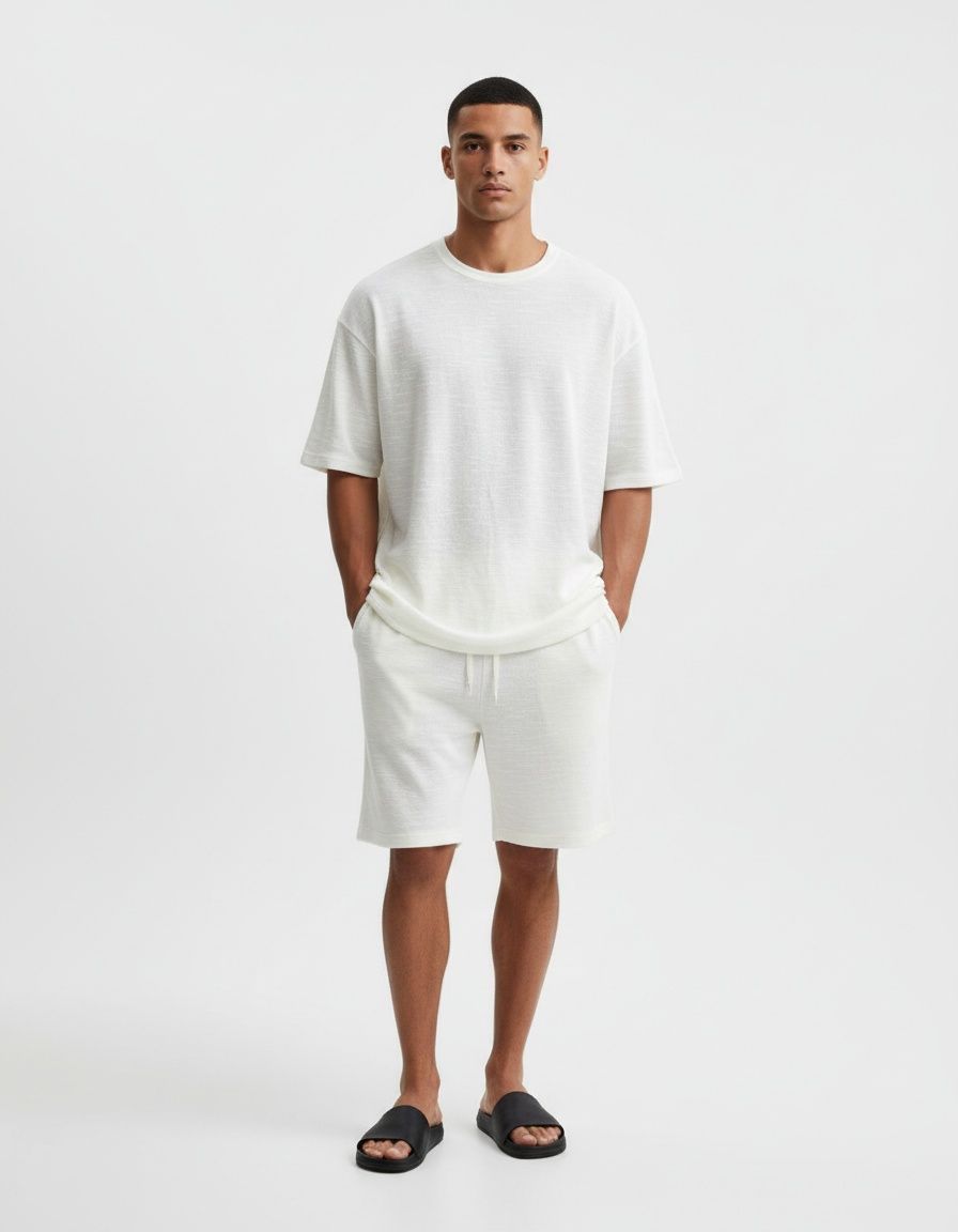 Conjunto de dos piezas para hombre: camiseta holgada de manga corta con efecto flameado y pantalones cortos informales