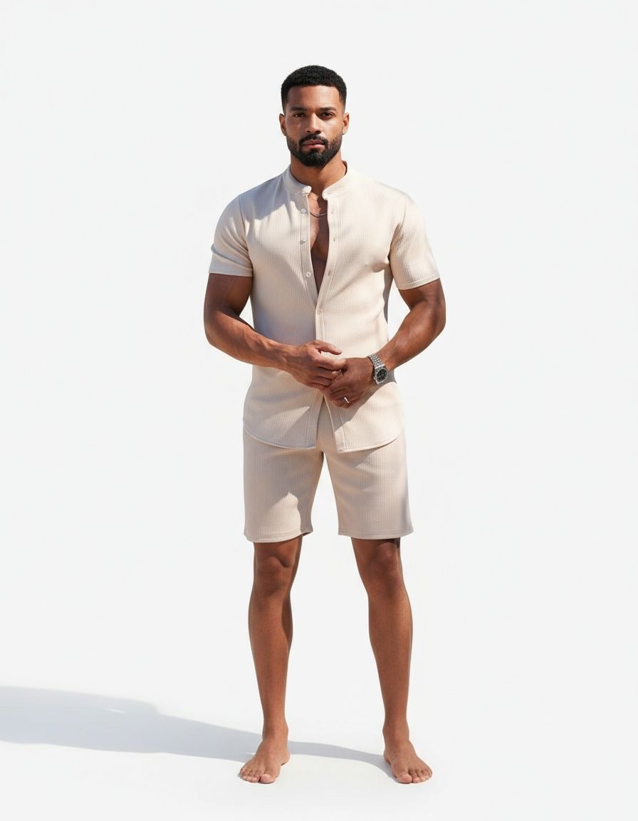 Herren-Freizeitanzug für Frühling und Sommer: Zweiteiliges Set aus Stehkragenhemd mit Knopfleiste und Shorts