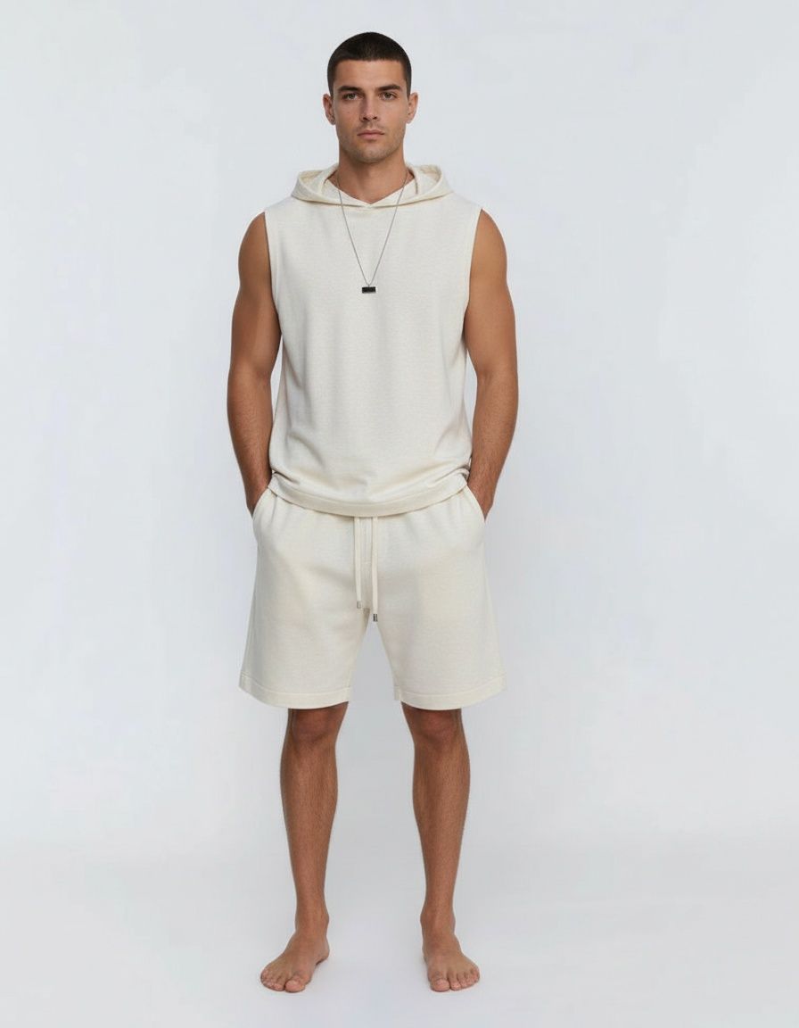 Lässig geschnittenes, ärmelloses Kapuzentop und Shorts – sportliches Zweiteiler-Set für lässiges Sommertraining
