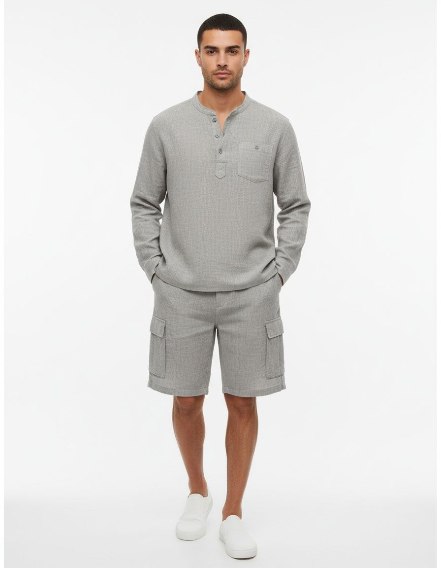 Lässiges Sport-Set aus Baumwollmischgewebe mit V-Ausschnitt, langen Ärmeln und locker sitzenden Shorts für den Frühling