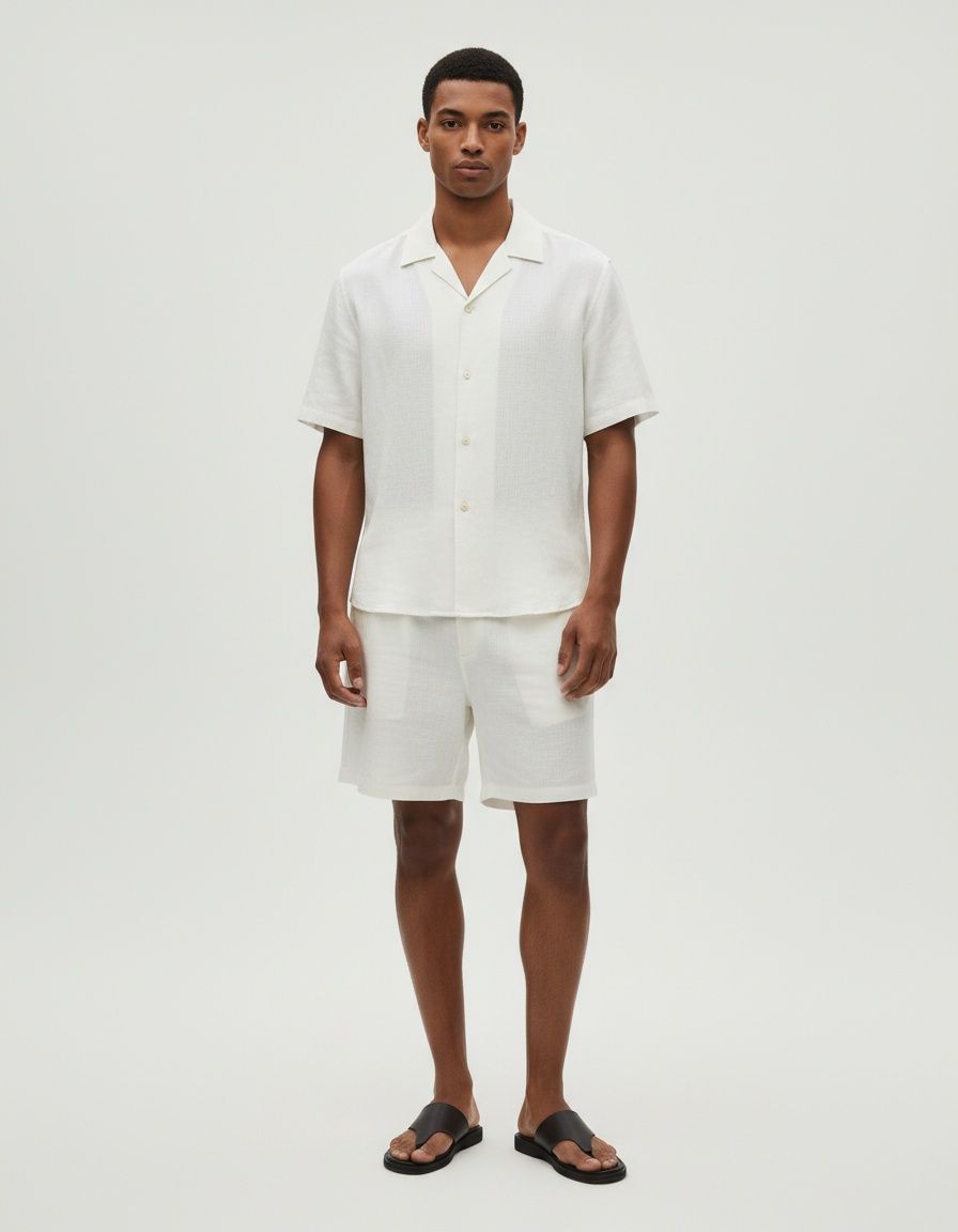 Cotton Blend Collared Shirt and Shorts Breathable Casual Two-Piece Set